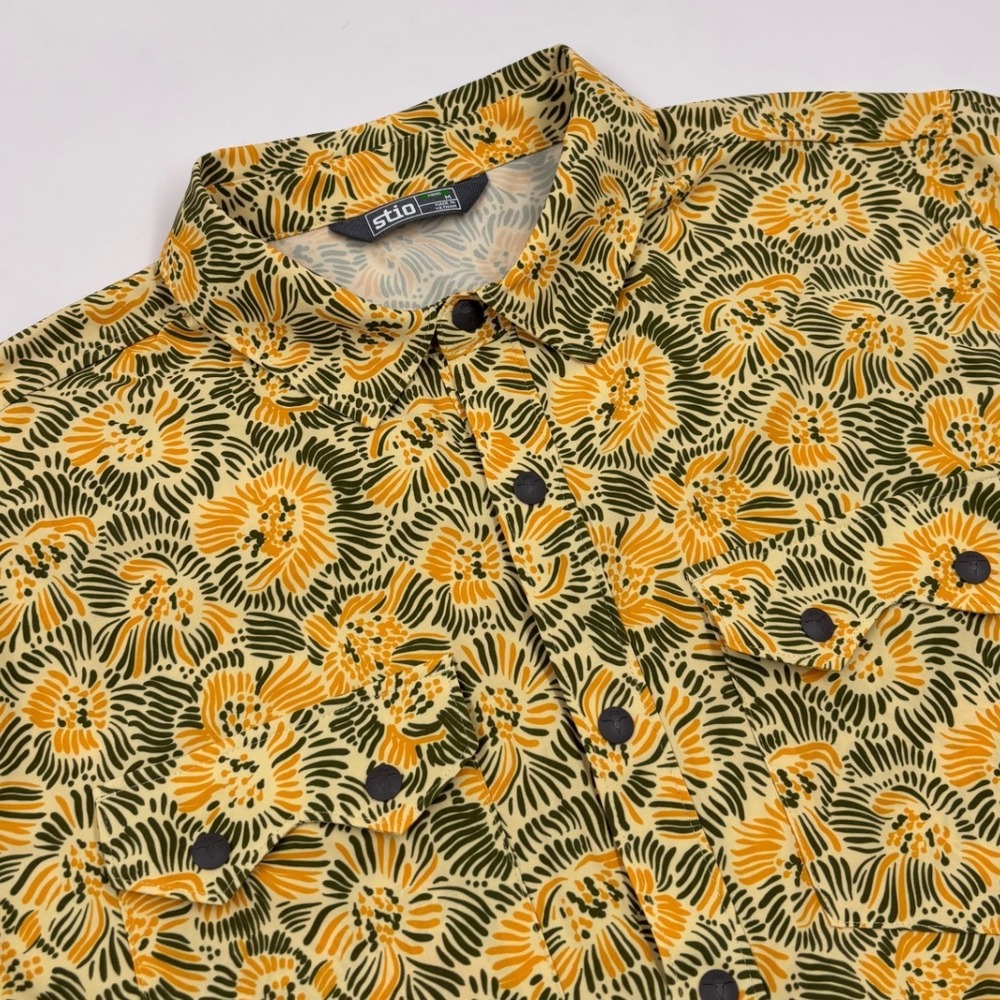 Stio Men's M Short Sleeve Button Yellow Floral Snap Front Shirt